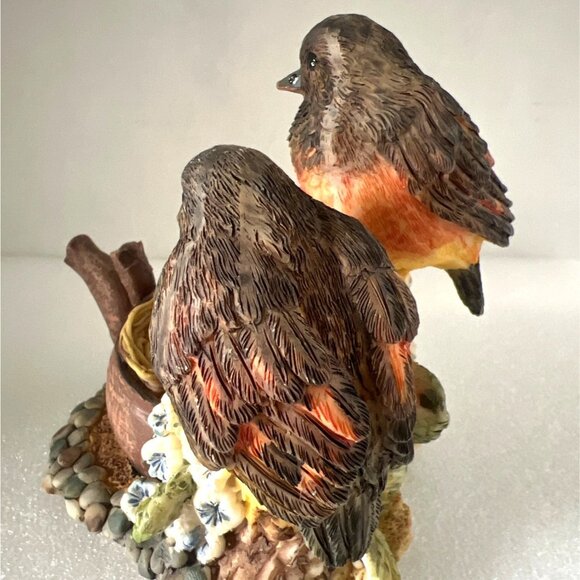 Two American Robin Birds On Nest with Eggs in Tea Pot Flowers Figurine - Picture 3 of 5